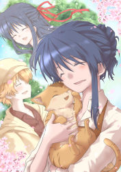 00s 1boy 1girl animal blonde_hair blue_hair newsboy_cap cat cherry_blossoms clannad closed_eyes hair_bun hair_ribbon hat highres holding holding_animal holding_cat long_hair open_mouth petals ribbon sagara_misae shima_katsuki short_hair smile spring_(season) yuzuki_ui