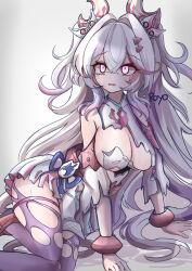  1girl absurdres baki_(duel_masters) bangle bare_shoulders bracelet breasts cleavage defeat dress duel_masters empty_eyes grey_hair hair_between_eyes hair_ornament highres jewelry large_breasts long_hair looking_up multicolored_hair open_mouth pantyhose pink_eyes pink_hair royo21294110 signature simple_background sitting solo tears torn_clothes torn_dress torn_pantyhose very_long_hair wide_sleeves yokozuwari 