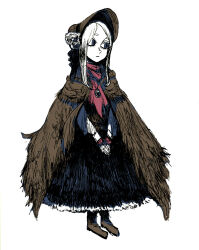  1girl bloodborne bonnet boots brooch brown_cloak cloak commentary dress english_commentary expressionless jewelry kuropin looking_to_the_side own_hands_together plain_doll simple_background solo white_background 