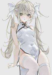 1girl bare_shoulders bow breasts china_dress chinese_clothes cool_off cowboy_shot dress grey_background grey_eyes hair_bow highres invisible_chair kasugano_sora long_hair looking_at_viewer mandarin_collar no_panties pelvic_curtain simple_background sitting sleeveless sleeveless_dress small_breasts solo thighhighs twintails white_dress white_hair white_thighhighs yosuga_no_sora rating:Sensitive score:20 user:danbooru
