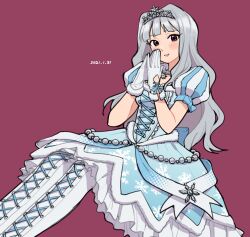  1girl blue_dress blush boots dated dress gloves grey_hair hands_up highres idolmaster idolmaster_(classic) idolmaster_million_live! idolmaster_million_live!_theater_days knee_boots lace-up_boots long_hair looking_at_viewer open_mouth own_hands_together pink_background puffy_short_sleeves puffy_sleeves purple_eyes shijou_takane short_sleeves simple_background sitting smile solo steepled_fingers tarako_oniyon thigh_boots tiara white_gloves 