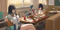  2girls absurdres black_hair black_skirt black_survival blue_eyes blue_hair cardigan classroom commentary_request curtains debi_(after_school)_(black_survival) debi_(black_survival) desk eternal_return:_black_survival headphones headphones_around_neck highres indoors long_hair long_sleeves marlene_(after_school)_(black_survival) marlene_(black_survival) multiple_girls official_alternate_costume red_eyes red_hair school_desk school_uniform shirt short_hair sitting skirt white_shirt whoing_x2 yellow_cardigan 