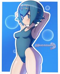1girl arms_behind_head ass blue_background blue_eyes blue_hair blue_one-piece_swimsuit border breasts bubble closed_mouth collarbone from_side gradient_background lana_(pokemon) light_blush loli mad_mex nintendo one-piece_swimsuit outline petite pokemon pokemon_sm small_breasts solo swimsuit thighs watermark white_border white_outline