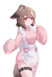  1girl :o absurdres aenga_1011 animal_ear_piercing animal_ears apron arknights bandaid bandaid_on_leg bandaid_on_thigh belt belt_buckle black_belt blush brown_hair brown_tail buckle character_name commentary cowboy_shot cutter_(arknights) frilled_apron frills hair_between_eyes hair_ornament hairclip highres jacket jersey_maid looking_at_viewer maid maid_apron open_mouth pink_jacket pink_shorts red_eyes short_hair shorts simple_background single_sleeve_past_fingers single_sleeve_past_wrist solo standing tail thigh_belt thigh_strap topknot track_suit unconventional_maid v waist_apron white_apron white_background x_hair_ornament 