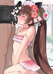 1boy 1girl absurdres bare_shoulders bikini bikini_skirt blue_archive blush breasts brown_hair bulge choker closed_eyes commentary_request erection erection_under_clothes flower frilled_bikini frills from_side hair_flower hair_ornament halo heart highleg highleg_bikini highres itouri13115 kanzashi loli long_hair maid_headdress navel official_alternate_costume oral pink_bikini pink_choker pink_halo seiza shizuko_(blue_archive) shizuko_(swimsuit)_(blue_archive) sitting small_breasts smelling spoken_heart strap_slip sweat swimsuit testicle_sucking twintails v_arms very_long_hair white_headdress rating:Explicit score:230 user:danbooru