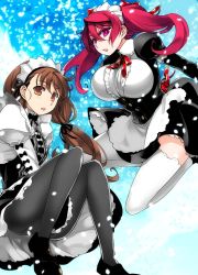  2girls apron breasts brown_eyes brown_hair highres ishida_akira large_breasts maid maid_ane_(maoyuu) maid_apron maid_day maid_headdress maou_(maoyuu) maoyuu_maou_yuusha multiple_girls pantyhose red_eyes red_hair thighhighs twintails upskirt 