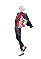  1boy :p absurdres arm_at_side black_jacket black_pants black_shoes boys_be_maid! chinese_clothes earrings flats full_body gold_trim hair_between_eyes hand_on_own_hip highres jacket jacket_on_shoulders jewelry kiku_shumei long_sleeves looking_at_viewer male_focus multiple_rings official_art pants red_shirt ring school_uniform second-party_source shirt shoes short_hair sideways_glance single_sidelock sleeve_cuffs solo standing tachi-e tangzhuang tongue tongue_out transparent_background two-tone_shirt ugonba_(howatoro) white_hair white_shirt yellow_eyes 