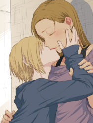 10s 2girls age_difference blonde_hair blush brown_hair child closed_eyes ear_blush earrings french_kiss hair_over_one_eye hand_on_another&#039;s_face height_difference hood hoodie idolmaster idolmaster_cinderella_girls jewelry kiss kyouno long_hair long_sleeves matsunaga_ryo multiple_girls onee-loli shirasaka_koume short_hair sleeves_past_wrists sweat tongue yuri rating:Sensitive score:66 user:danbooru