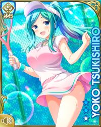 1girl :d ball black-framed_eyewear blue_eyes blush breasts card_(medium) chain-link_fence day dress female_focus fence girlfriend_(kari) glasses green_hair large_breasts long_hair official_art open_mouth outdoors pink_dress qp:flapper racket shirt smile solo sportswear standing sun_visor tagme tennis_ball tennis_court tennis_racket tennis_uniform tsukishiro_youko white_shirt  rating:Sensitive score:1 user:RomanticDevil