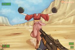  10s 1girl artist_name beheaded_kamikaze bomb boots day decapitation explosive fake_screenshot gameplay_mechanics gloves gun hakama hakama_skirt holding holding_bomb holding_gun holding_weapon japanese_clothes kamikaze_(kancolle) kantai_collection kimono lace-up_boots lumineko meiji_schoolgirl_uniform name_connection patreon patreon_username pink_hakama pov pun running samidare_(kancolle) serious_sam shotgun skirt sky solo_focus too_literal watermark weapon web_address 