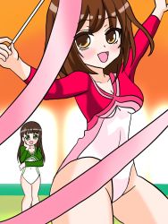  2girls breasts brown_eyes brown_hair girlfriend_(kari) gochuumon_wa_usagi_desu_ka? green_eyes highleg highleg_leotard leotard medium_breasts multiple_girls open_mouth satou_satomi shiina_kokomi ujimatsu_chiya voice_actor_connection 