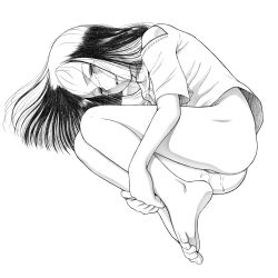  1girl after_rape after_vaginal aftersex black_hair blush bottomless crying crying_with_eyes_open cum cum_in_pussy cumdrip empty_eyes etomon34 female_focus fetal_position from_above full_body greyscale half-closed_eyes loli long_hair lying monochrome on_side open_mouth original shirt short_sleeves simple_background solo tears toes webp-to-png_conversion white_background white_shirt 