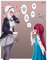  !? 1futa 1girl age_difference blue_dress blush border brown_background censored dress english_text futa_with_female futanari gradient_background hand_up heart height_difference hoonter kamyuhn kirifuji_nozomi loli long_hair looking_at_another looking_at_penis looking_down multicolored_hair open_mouth pantyhose penis pleated_dress pleated_skirt purple_eyes purple_pantyhose red_hair simple_background skirt speech_bubble streaked_hair teeth the_hundred_line_-last_defense_academy- tongue white_border white_hair white_skirt  rating:Explicit score:19 user:VampireQueenDespair