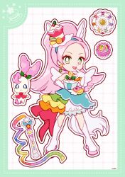  1girl animal_ears bare_shoulders bead_necklace beads blue_dress blue_hairband blunt_ends boots border bright_pupils compact_(cosmetics) cosmetics cure_parfait dot_nose dotted_line dress dual_persona earrings elbow_gloves extra_ears eyelashes food food-themed_hair_ornament forehead frilled_skirt frills full_body gloves green_border green_eyes grid_background hair_ornament hairband hand_on_own_chin hand_on_own_hip happy high_ponytail highres horse_ears horse_girl horse_tail jewelry kirahoshi_ciel kirakira_precure_a_la_mode kirarin_(precure) long_hair looking_at_viewer magical_girl miniskirt multicolored_ribbon necklace open_mouth outline parfait pegasus_wings pink_hair ponytail precure rainbow_gradient ribbon short_dress signature single_strap skirt skirt_under_dress sleeveless sleeveless_dress smile sphere_earrings tail tareme teeth thigh_boots upper_teeth_only uwded_207 very_long_hair wand white_background white_boots white_gloves white_outline white_pupils white_skirt white_wings wings 