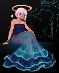  1boy absurdres anhel_(loggus_doggus) bare_shoulders blue_dress blue_eyeshadow blue_lips crossdressing crossdressing_(mtf) crossed_legs dark-skinned_male dark_skin detached_wings dress earrings eyeshadow full_body hair_ornament half-closed_eyes halo highres hoop_earrings invisible_chair jewelry log_dog long_dress looking_at_viewer makeup male_focus mini_wings original parted_lips purple_eyes short_hair shoulder_tattoo sitting smile solo sparkle star_(symbol) star_hair_ornament strapless strapless_dress tattoo trap white_hair wings yellow_halo 