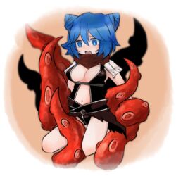  1girl armor assassin_cross_(ragnarok_online) black_gloves black_leotard blue_eyes blue_hair breasts brown_background commentary_request cone_hair_bun full_body gloves hair_bun leotard looking_at_viewer medium_breasts navel open_mouth pauldrons pochiko_(poteko) ragnarok_online revealing_clothes short_hair shoulder_armor solo tentacles translation_request vambraces 