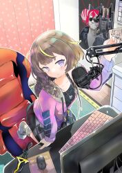  anya_melfissa blonde_hair braid brown_hair chair dagger earbuds earphones_around_neck earphones female_focus gaming_chair grey_skirt highres hololive hololive_indonesia hood hood_down hoodie computer_keyboard knife kris_(weapon) kureiji_ollie looking_at_viewer microphone momishi24 monitor computer_mouse mousepad_(object) multicolored_hair purple_eyes side_braid skirt socks sorayomi_daichi streaked_hair swivel_chair terminator_(series) virtual_youtuber weapon  rating:General score:4 user:orochijes