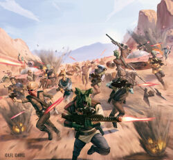  1girl 6+boys alien arm_up battle bith blue_pants blue_shirt blue_skin brown_pants brown_shirt brown_vest colored_skin day duros green_skin gun gungan highres holding holding_gun holding_weapon hover_bike laser multiple_boys open_clothes open_mouth open_vest outdoors pants quarren rodian selkath shirt star_wars star_wars_legion vest weapon wilmar_ballespi zabrak 
