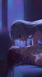  2girls absurdres collarbone commentary_request coquelic_(path_to_nowhere) dim_lighting eye_contact face-to-face from_side girl_on_top gradient_hair half-closed_eyes hand_on_another&#039;s_chin highres huasheng_he_kele indoors long_hair looking_at_another multicolored_hair multiple_girls night nude parted_lips path_to_nowhere profile purple_eyes purple_hair red_eyes shalom_(path_to_nowhere) white_hair yuri 