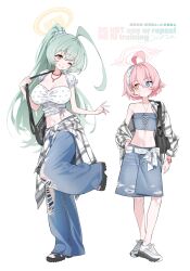  bare_shoulders blue_archive blue_eyes breasts green_hair hair_between_eyes halo highres hoshino_(blue_archive) large_breasts long_hair medium_hair navel no_socks pink_halo ponytail shoes simple_background sirin_(sirin_8_8) sneakers white_background yellow_eyes yellow_halo yume_(blue_archive) 