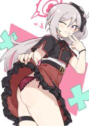  1girl ass belt black_belt black_shirt blue_archive blush buttons clothes_lift commentary_request cowboy_shot frilled_panties frilled_skirt frills grey_hair grin halo heart high-waist_skirt high_side_ponytail highres kokuya_(kokuya28) loli long_hair looking_at_viewer mutsuki_(blue_archive) one_eye_closed panties pink_halo pointy_ears purple_eyes red_panties red_skirt shirt shirt_tucked_in short_sleeves skirt skirt_lift smile solo thigh_strap two-tone_background underwear v white_background white_shirt 