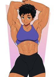  abs armpits arms_up bike_shorts black_hair breasts closed_mouth cowboy_shot dark-skinned_female dark_skin green_eyes looking_at_viewer mole mole_under_mouth muscular muscular_female navel one-punch_man pokkuti presenting_armpit short_hair simple_background smile sports_bra suiko_(one-punch_man) tan 