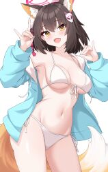  1girl absurdres animal_ear_fluff animal_ears bare_shoulders bikini black_hair blue_archive blue_jacket blush braid breasts collarbone commentary english_commentary enru eyeliner fang fox_ears fox_girl fox_mask fox_shadow_puppet fox_tail front-tie_bikini_top front-tie_top hair_between_eyes hair_ornament halo hands_up highres izuna_(blue_archive) jacket long_sleeves looking_at_viewer makeup mask medium_breasts navel open_mouth pink_eyeliner pink_halo short_hair side-tie_bikini_bottom simple_background skin_fang smile solo standing stomach swimsuit tail thighs white_background white_bikini yellow_eyes 