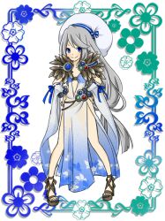  1girl blue_background blue_dress blue_eyes blue_nails blush brown_sandals closed_mouth commentary_request detached_sleeves dress flat_chest floral_border full_body gradient_clothes gradient_dress grey_hair hat long_hair looking_at_viewer meiko_(nattu303) nail_polish ragnarok_online sandals see-through_clothes see-through_dress side_slit sleeveless sleeveless_dress smile solo sorcerer_(ragnarok_online) standing tam_(ragnarok_online) toenail_polish toenails very_long_hair white_background white_dress white_hat white_sleeves 