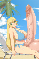  1futa ass beach bikini blonde_hair breasts censored full-package_futanari futanari gigantic_breasts gigantic_penis green_eyes highres huge_breasts huge_penis huge_testicles kinoko_(pixiv) mosaic_censoring penis solo swimsuit testicles  rating:Explicit score:53 user:PeteParrot
