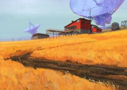 building commentary condenser_unit english_commentary field grey_sky no_humans original outdoors path power_lines quiet_victories radio_antenna radio_telescope road scenery sky wheat_field window 