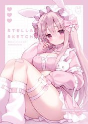  1girl :t animal_ears bandaid bandaid_on_knee bandaid_on_leg blush border bow breasts brown_hair cleavage closed_mouth commentary_request cover cover_page crying crying_with_eyes_open dotted_line frilled_hairband frilled_skirt frills grid_background hair_between_eyes hairband hand_up heart highres izumi_nanase jacket keyhole knees_up long_hair long_sleeves loose_socks medium_breasts original pink_border pink_bow pink_jacket pink_skirt puffy_long_sleeves puffy_sleeves rabbit_ears red_eyes shrug_(clothing) sitting skirt sleeves_past_wrists socks solo tears very_long_hair white_background white_hairband white_socks 