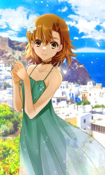  1girl alternate_costume asymmetrical_bangs bare_arms black_choker blue_sky breasts brown_eyes brown_hair choker cityscape closed_mouth cloud collarbone commentary_request dress flower green_dress hair_flower hair_ornament highres interlocked_fingers looking_at_viewer misaka_mikoto ocean outdoors own_hands_together see-through_clothes see-through_dress sky small_breasts smile solo tacchin_ichi-gou toaru_kagaku_no_railgun toaru_majutsu_no_index white_flower  rating:General score:17 user:danbooru