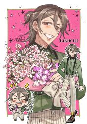  &gt;:) 1boy :d ^_^ arm_at_side arm_behind_back border bouquet bow brown_shoes bungou_to_alchemist character_name cherry_blossoms chibi chibi_inset closed_eyes collared_shirt contrast_collar cross-laced_shoes flower full_body green_shirt grin hair_between_eyes half_updo happy_aura holding holding_bouquet kikuchi_kan_(bungou_to_alchemist) light_blush long_sleeves looking_at_viewer male_focus medium_hair multiple_views open_mouth outline outside_border pants pink_background red_eyes shirt shoes signature simple_background smile socks solo standing star_(symbol) striped_clothes striped_pants suspenders sweet_pea tareme tasikanakoto upper_body v-shaped_eyebrows vertical-striped_clothes vertical-striped_pants white_border white_bow white_outline white_pants yellow_socks 