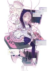  1girl animal_ear_legwear animal_ears breasts brown_hair cat_ear_legwear controller danganronpa_(series) danganronpa_2:_goodbye_despair fake_animal_ears galaga game_console game_controller highres hood hood_up large_breasts long_sleeves medium_hair nanami_chiaki neck_ribbon nintendo_switch pink_eyes pink_ribbon purple_thighhighs ribbon shuimu_guan sitting spaceship_hair_ornament thighhighs usami_(danganronpa) white_background 