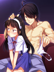 1boy 1girl ahoge alternate_hairstyle araragi_koyomi black_hair blush bow bow_panties embarrassed grin hachikuji_mayoi hair_down hair_over_one_eye hairband hand_on_another&#039;s_head highres holding holding_panties holding_underwear holding_unworn_clothes loli long_hair monogatari_(series) muscular panties pout racer_(magnet) red_eyes ribbon short_hair sitting sitting_on_lap sitting_on_person skirt smile suspenders topless_male underwear unworn_panties v_arms white_panties rating:Questionable score:189 user:danbooru