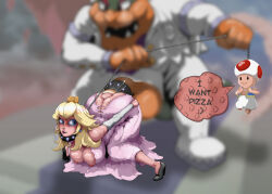  angry blonde_hair blue_eyes blurry blurry_background bowser breasts breasts_out chain clenched_teeth defeat dress hetero interspecies large_penis lips mario_(series) mizuzuri nintendo nipples penis princess princess_peach rape sex sex_from_behind size_difference slippers super_mario_odyssey teeth testicles toad_(mario) torn_clothes 
