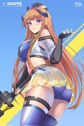  1girl arknights ass bagpipe_(arknights) bagpipe_(queen_no._1)_(arknights) bare_shoulders black_gloves black_hat black_horns blue_thighhighs blunt_bangs blush breasts brown_hair character_name commentary_request corrupted_twitter_file cowboy_shot crop_top edelritter fingerless_gloves fingernails gloves grey_thighhighs hand_up hat highres holding horns long_hair official_alternate_costume panties parted_lips purple_eyes purple_hat purple_panties solo standing star_(symbol) thighhighs twisted_torso underwear 