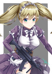  1girl absurdres apron assault_rifle blonde_hair blue_eyes bow cowboy_shot elbow_gloves female_focus frilled_apron frills garter_straps gloves grey_background gun heavy_object highres holding holding_gun holding_weapon lemish looking_at_viewer maid_apron maid_headdress purple_gloves purple_skirt rifle ryuu_shuo signature skirt smile solo thighhighs twintails weapon white_apron white_bow white_thighhighs  rating:General score:4 user:m203