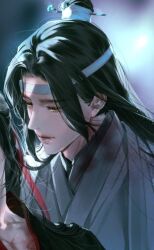  2boys black_hair black_hanfu blood blood_on_clothes blurry blurry_background chinese_clothes closed_mouth depth_of_field eyelashes hair_down hair_ribbon half-closed_eyes half_updo hanfu headband korean_commentary lan_wangji light_particles lips long_hair long_sleeves looking_at_another looking_down male_focus modao_zushi multiple_boys niken_(niken_ouo) official_alternate_hairstyle out_of_frame red_ribbon ribbon robe sad solo_focus topknot upper_body wei_wuxian wei_wuxian_(yiling_laozu) white_hanfu white_headband xiao_guan_(headdress) yaoi yellow_eyes 