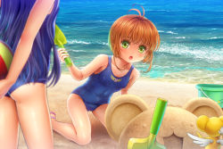 2girls antenna_hair ass bathingsuit beach blue_hair blue_one-piece_swimsuit blush brown_hair bucket building_sand_sculpture cameltoe cardcaptor_sakura covered_navel daidouji_tomoyo day flat_chest green_eyes highres kero_(cardcaptor_sakura) kinomoto_sakura long_hair multiple_girls mutsuki_(moonknives) ocean one-piece_swimsuit open_mouth outdoors sand sand_sculpture school_swimsuit short_hair shovel sweat swimsuit rating:Sensitive score:35 user:danbooru