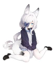  1girl animal_ears azur_lane black_shoes blazer blue_bow blue_eyes blue_jacket blue_shirt blue_skirt blush bow chinese_commentary closed_mouth collared_shirt commentary_request fox_ears fox_girl fox_tail hair_bow hair_over_one_eye highres jacket kasumi_(at_school_with_foo)_(azur_lane) kasumi_(azur_lane) kasumi_1118 layered_sleeves long_hair miniskirt official_alternate_costume pantyhose plaid_bow plaid_clothes plaid_skirt school_uniform shirt shoes skirt sleeves_past_wrists solo sweater tail white_pantyhose white_sweater 