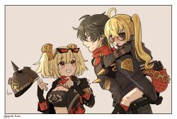  1boy 2girls ahoge black_helmet black_jacket black_tube_top blonde_hair blush burnice_white carrying combat_helmet eyewear_on_head fur-trimmed_shorts fur_trim gloves half_gloves helmet highres holding_unworn_helmet jacket leather leather_jacket lighter_(zenless_zone_zero) long_sleeves luciana_de_montefio micro_shorts multiple_girls open_clothes open_jacket pickelhaube piggyback popochi_fuwa red-tinted_eyewear red_eyes red_scarf scarf shorts shoulder_spikes side_ponytail spiked_jacket spikes strapless sunglasses sweat tinted_eyewear tube_top twitter_username unworn_headwear unworn_helmet zenless_zone_zero 