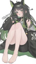  1girl absurdres ahoge arknights bare_shoulders barefoot black_gloves black_hair black_shorts blush can colored_inner_hair drink drink_can emoji feet full_body gloves green_eyes green_hair highres holding holding_drink huge_ahoge linchuanzelaip long_hair long_sleeves looking_at_viewer material_growth mon3tr_(arknights) multicolored_hair off_shoulder oripathy_lesion_(arknights) product_placement shorts simple_background sitting solo toenails toes white_background 