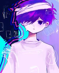  1boy alternate_eye_color alternate_hair_color antenna_hair closed_mouth eyepatch highres hospital_gown looking_at_viewer male_focus medical_eyepatch omori short_hair solo spoilers sunny_(omori) tokkooyaku upper_body 