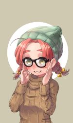  1girl absurdres beanie blush braid female_focus freckles glasses grin hat highres kitakaze_setsuna original red_hair smile solo sweater twin_braids  rating:Sensitive score:7 user:Dweenie