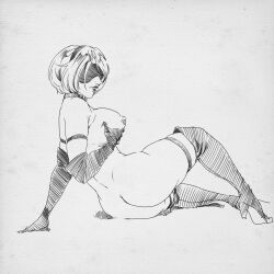  1girl 2b_(nier:automata) ass black_hairband blindfold breasts closed_mouth from_behind grabbing_own_breast hair_over_one_eye hairband high_heels huge_ass large_breasts misaki_yukihiro nier:automata nier_(series) short_hair solo square_enix tagme thick_thighs thighhighs thighs white_hair  rating:Explicit score:15 user:JoshkLmi
