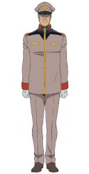  1boy brown_shoes clenched_hands epaulettes full_body gloves grey_hair grey_jacket grey_pants gundam gundam_gquuuuuux hat highres jacket looking_at_viewer male_focus military_uniform official_art old old_man pants paolo_cassius peaked_cap shoes simple_background solo standing transparent_background white_gloves 