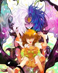  angel_wings blue_hair blush brown_hair closed_eyes demon_girl demon_wings duel_monster falling_petals happy highres messy_hair multicolored_hair open_mouth petals red_shoes shirt shoes shorts sneakers spi_77 spiked_hair third_eye white_hair white_shirt winged_kuriboh wings yu-gi-oh! yu-gi-oh!_gx yubel yuki_judai 