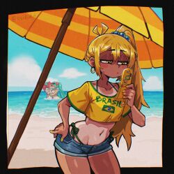  3girls akita_neru alternate_costume antenna_hair beach_umbrella blonde_hair blue_hair blurry blurry_background cellphone closed_mouth collarbone cropped_shirt day denim denim_shorts drill_hair earrings flip_phone hair_bobbles hair_ornament hatsune_miku highres jewelry kasane_teto kiss long_hair micro_shorts multiple_girls navel osidid outdoors phone red_hair short_hair short_sleeves shorts side_ponytail sweatdrop tan tanline twin_drills twintails umbrella vocaloid yellow_eyes yellow_nails yuri 