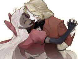  2girls blonde_hair blush blush_stickers charlie_morningstar colored_skin dark-skinned_female dark_skin formal_clothes happy hazbin_hotel highres holding_hands multiple_girls suit tppiiiiqqt vaggie white_hair white_skin yuri 